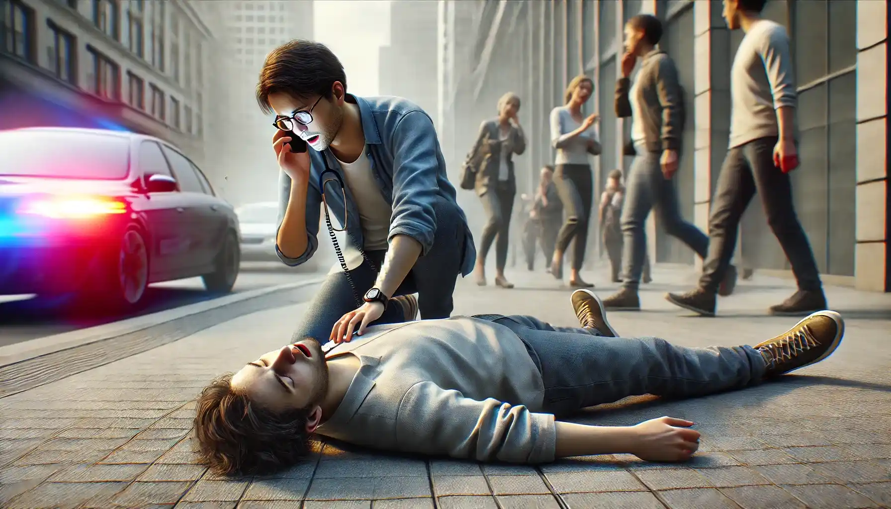 An unconscious person is lying on a city sidewalk while another man kneels beside them, urgently calling emergency services on their phone.