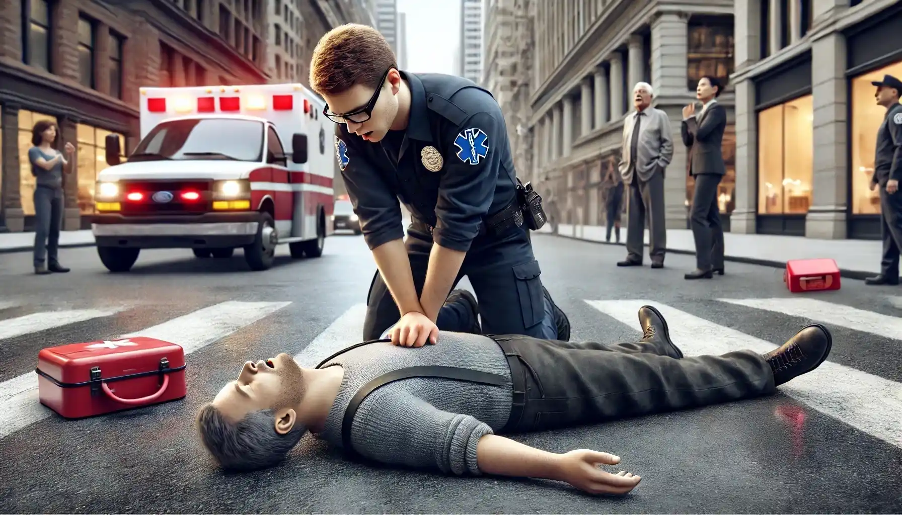 A man is performing CPR on another unconscious man on a city street.