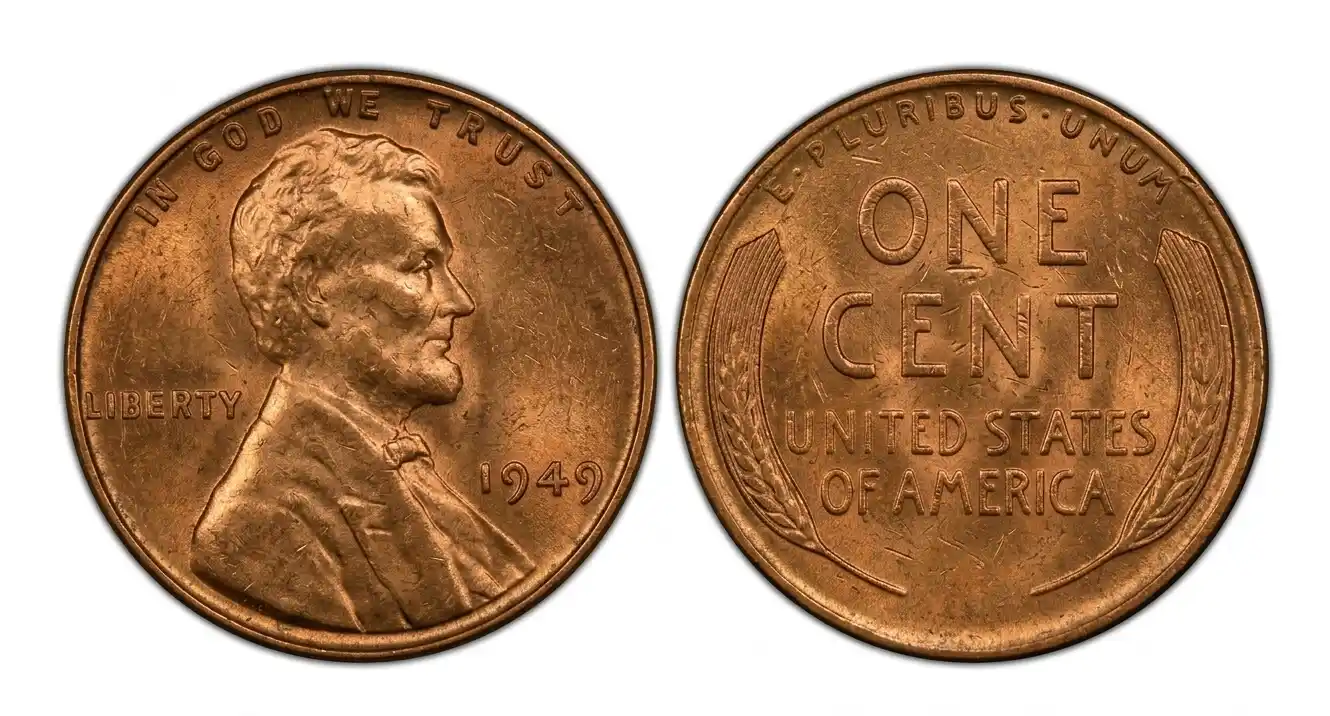 a circulated 1949 penny with visible wear