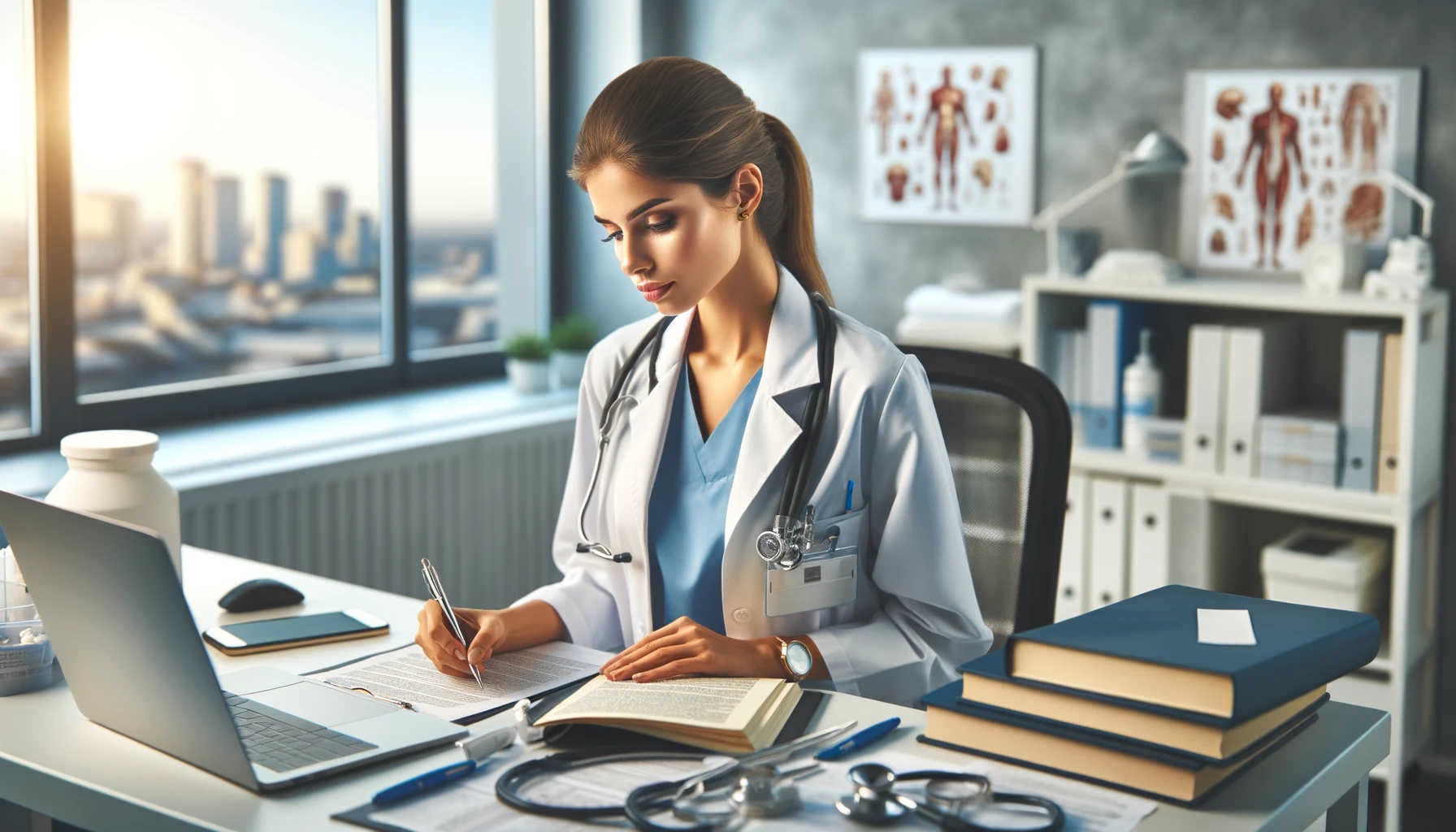 A beautiful woman working as a surgery doctor of nose job in turkey, sitting in her office filled with medical books, a laptop, and medical equipment.