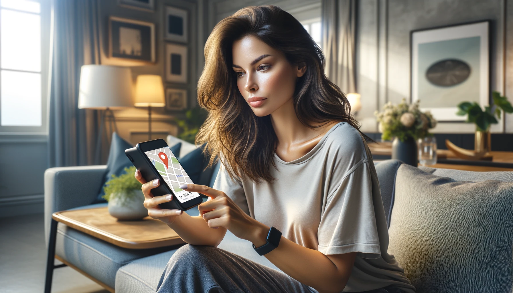 attractive woman using on her smartphone location tracking app in home 