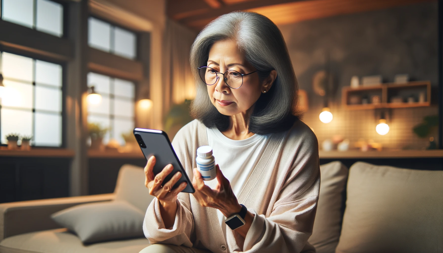 a senior Asian woman having a virtual appointment with her doctor, consulting her prescription and choice of medication on a smartphone at home