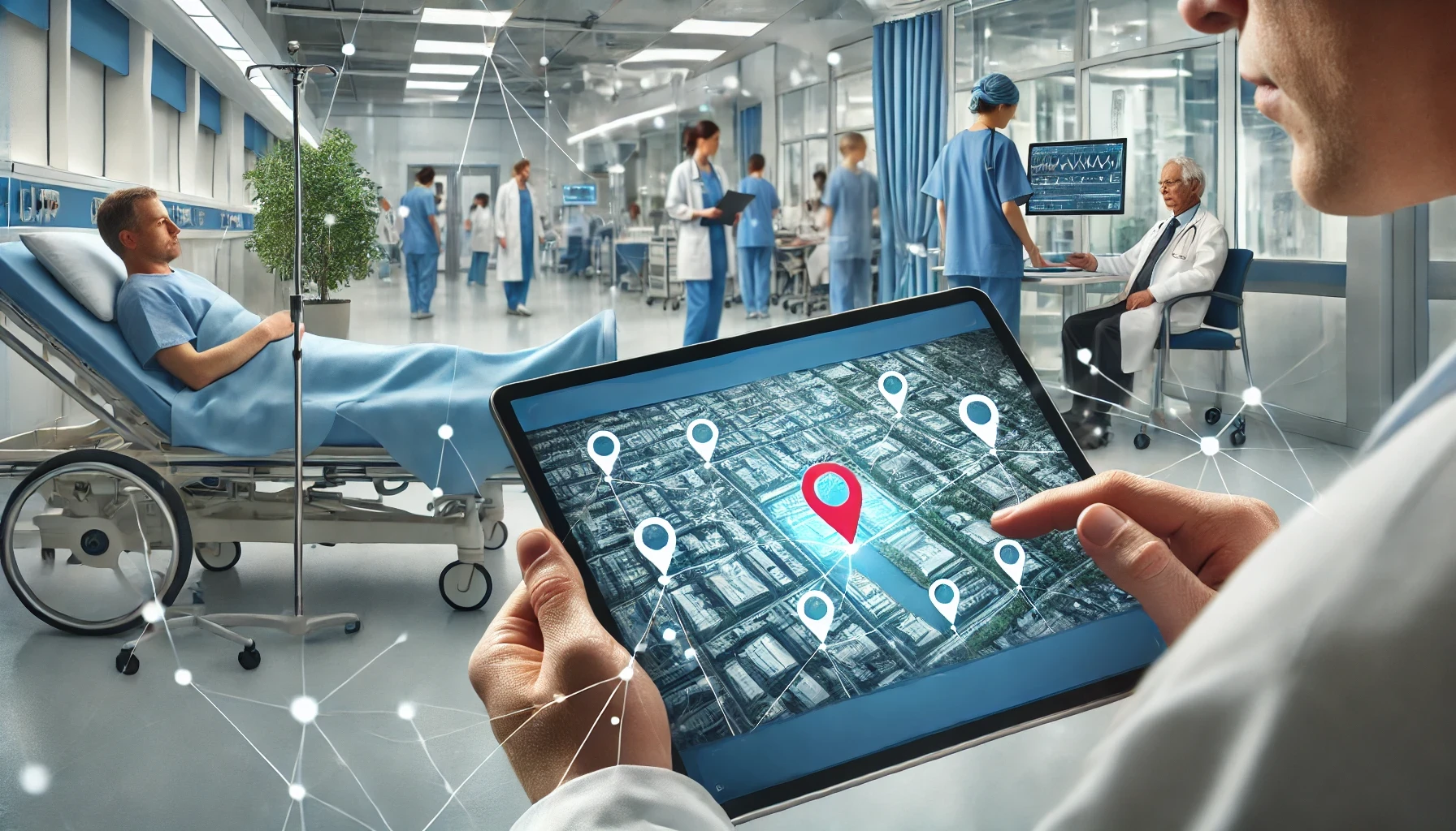 a healthcare worker using a tablet with a map interface, tracking patient movements in real-time to help them quickly if they need it.
