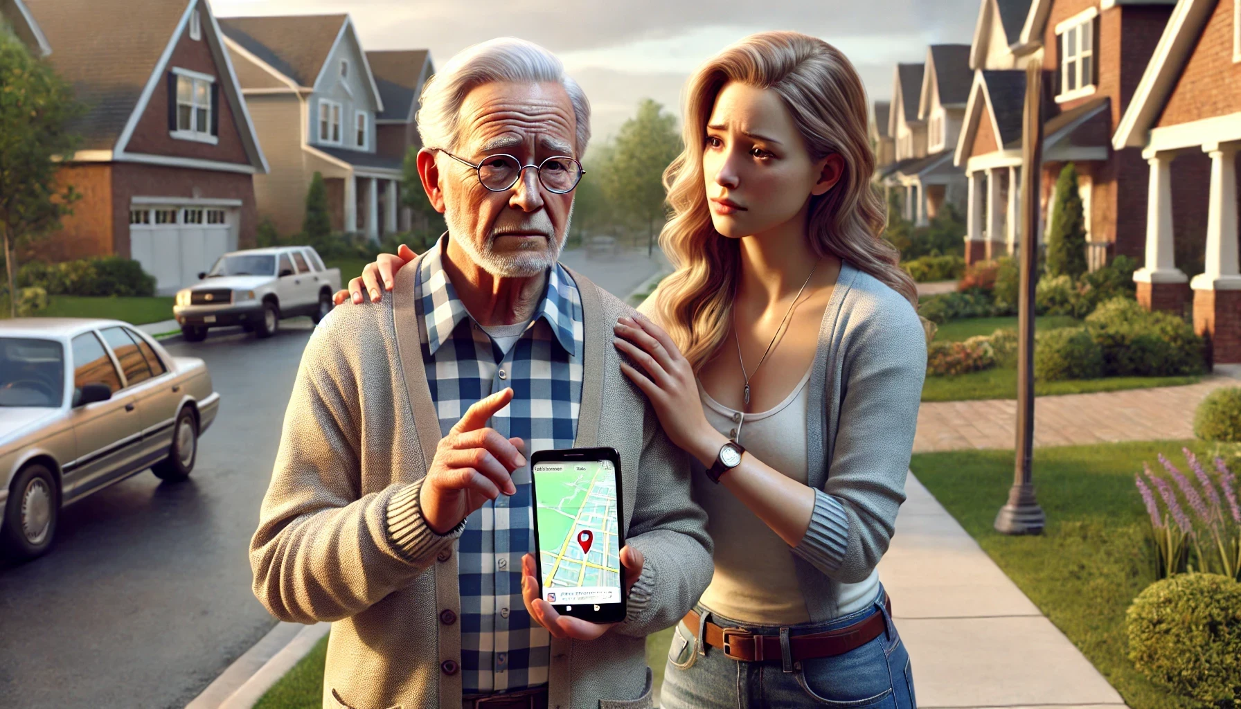 An elderly man with Alzheimer's is lost and trying to get home using location tracking apps, a young woman is trying to help him.