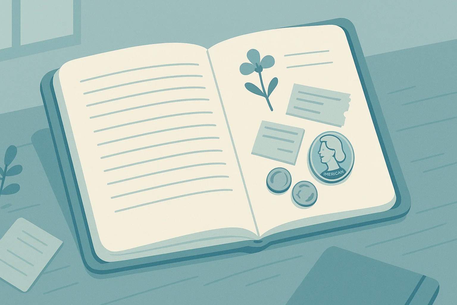 A diary with tiny objects, including the American Women Quarter.