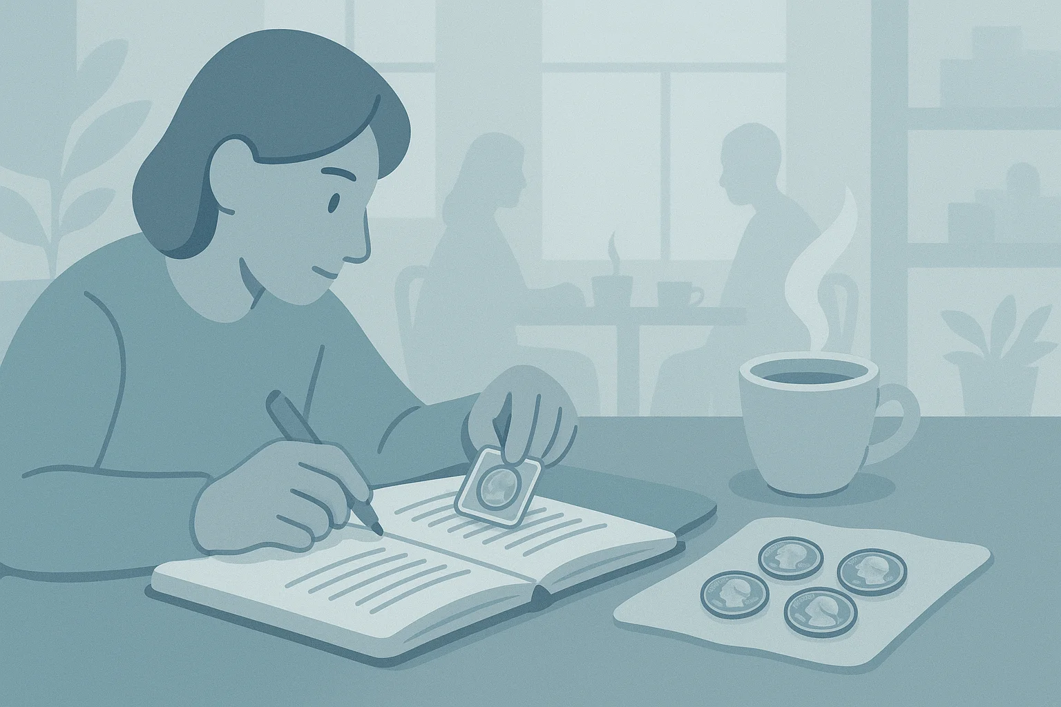 A woman in the cafe makes notes about collectible quarters.